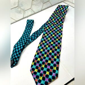 Versus Gianni Versace Silk Colorful Floral Tie Made In Italy Teal Black Squares